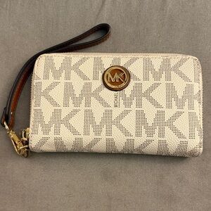 Michael Kors Cream and Brown MK Logo Zip Wristlet